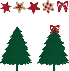 Watercolor vector Christmas tree bundle, collection.  Set of red bow, red stars and Christmas trees.  Christmas tree without decoration, winter theme. Template for greeting cards, invitation, decorati