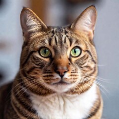 Obraz premium A close-up portrait of a cat face, the detailed focus on its pointed ears and sharp eyes while the fur around its neck and the room behind gently blur out of focus