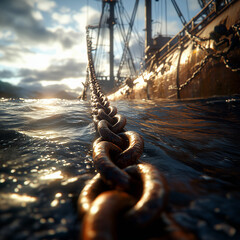 a long, rusted chain coming out of the sea water, from the point of view as the chain is the focal point, it is tethered to a rusty old trawler, very photo realistic, very detailed