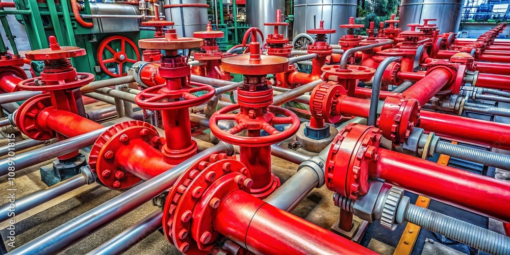Poster aerial view of red valves in an industrial pipeline system showcasing complex infrastructure and pre