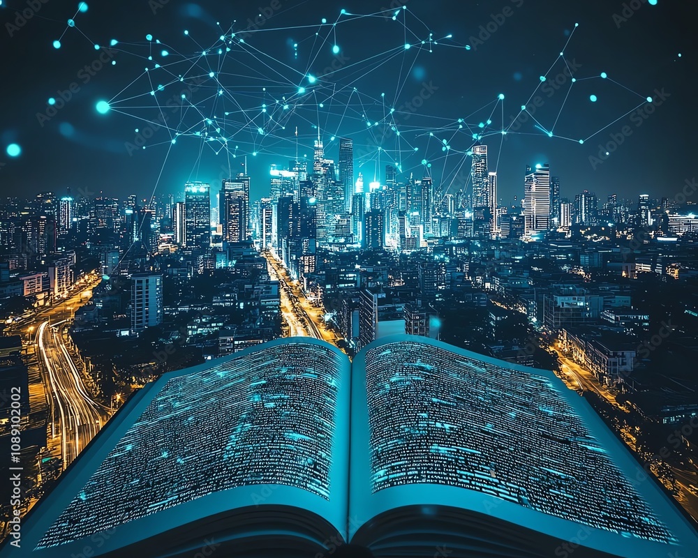 Poster nighttime city skyline rising from book pages, interconnected with wireless data, smart working tech