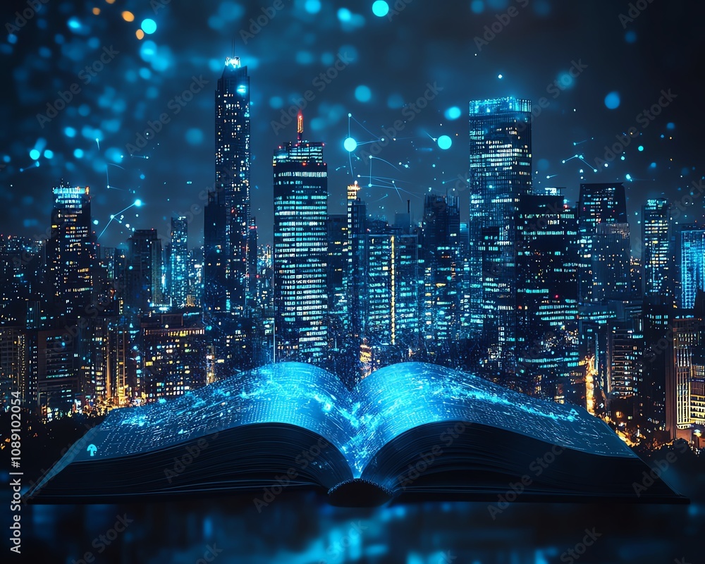 Aufkleber nighttime city skyline rising from book pages, interconnected with wireless data, smart working tech