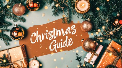 Festive flat lay of Christmas decorations and gifts with "Christmas Guide" text on a painted background.

