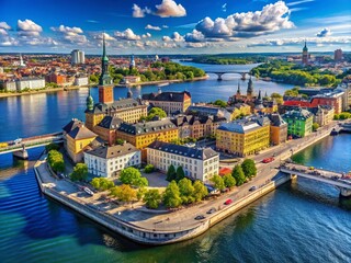 Obraz premium Aerial View of Stockholm City Skyline: Captivating Panoramic Landscape of Sweden's Capital with Iconic Architecture, Bridges, and Waterways Under a Clear Blue Sky