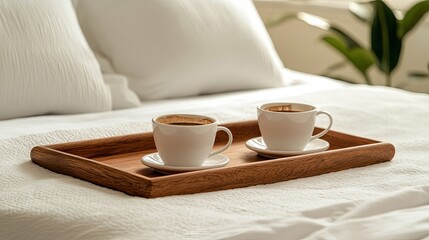 Fototapeta premium Two Cups of Coffee on a Wooden Tray in Bed