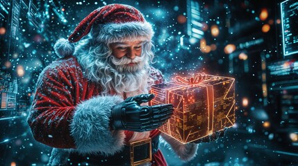 Santa Claus with robotic arm holding glowing futuristic gift box in snowy cyberpunk cityscape
plaintext
Skopiuj kod
