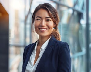Obraz premium A smiling asian young businesswoman standing against a modern glass office building background. AI generative
