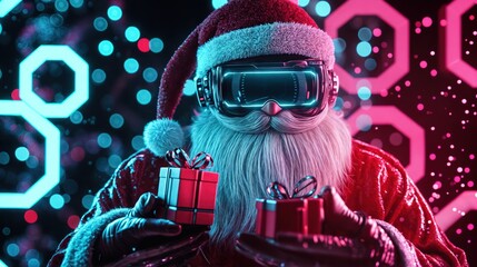 Santa Claus in virtual reality goggles holding futuristic Christmas presents in neon cyberpunk setting
