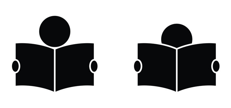 Cartoon person reading a book. Read a newspaper paper. learn book icon or symbol. Studying, school concept. Book reader logo. Student, learns from books. World book Day.