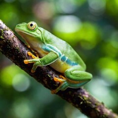 Obraz premium macro shot of a green Frog in a misty rainforest setting