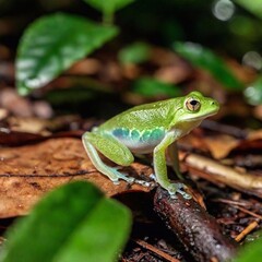 macro shot of a green Frog in a misty rainforest setting