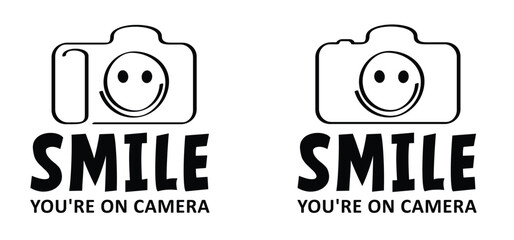 Cartoon drawing photo camera and smile. Smile, You're on camera or You're on dash cam. Take photo and smile. Photocamera icon.  For Photography flash concept. Happy face.