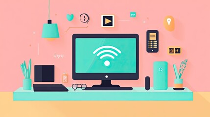 A colorful flat design showing a home Wi-Fi network with gadgets connected wirelessly, on a pastel-colored workspace background