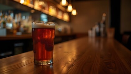 Un vaso de chopp de cerveza servido perfectamente frío, con espuma cremosa, en el ambiente cálido y acogedor de un bar