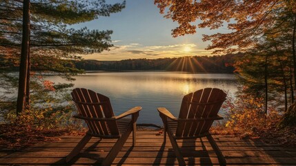Fototapeta premium Two Adirondack chairs facing a lake at sunset in an autumn forest.