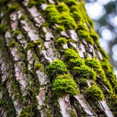 Close-up of a tree bark covered in moss, focusing on the texture contrast.
