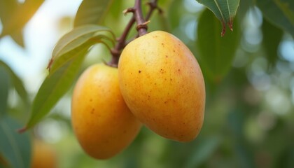 Two ripe mangoes hanging from tree branch with lush green leaves in natural sunlight