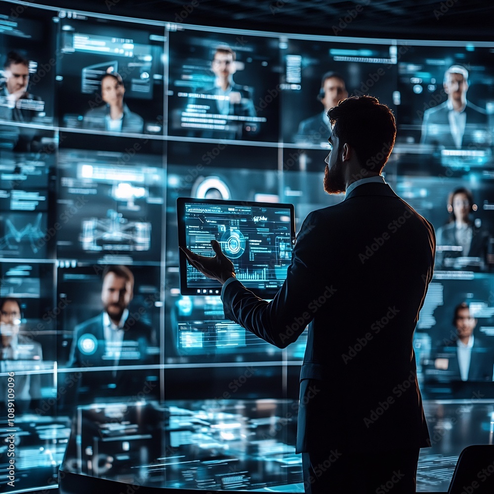 Poster business employee engaged in futuristic digital training module with virtual instructors and interac