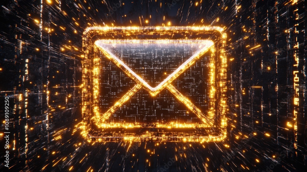 Poster email icon wrapped in dynamic binary codes, illustrating its central role in digital communication.
