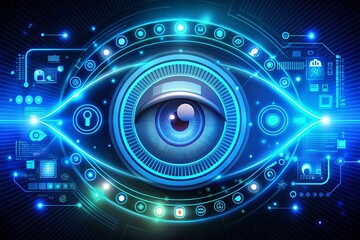 Obraz premium Blue Neon Cyber Eye with Wave Animation in Futuristic Style, Perfect for Tech Themes and Digital Art, Highlighting the Intersection of Vision and Technology in Modern Design