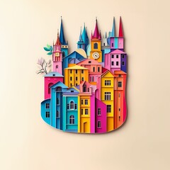 Naklejka premium Prague, Czechia, paper cut illustration - A colorful city with a clock on the top of it