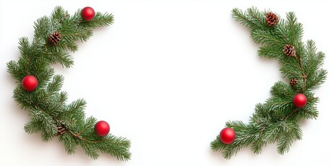 Christmas garland frame on a white background, Christmas decorations, green branches of pine tree with red ball and light bulb for a Christmas decoration concept