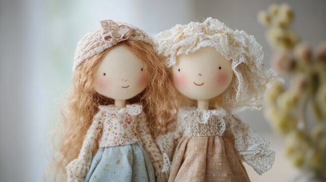 Elegant dolls with soft features and detailed outfits, close together against a gentle neutral background, exuding charm and warmth.