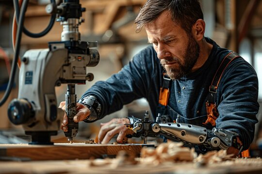 A skilled craftsman is focused on woodworking, using advanced prosthetic hands to manipulate tools effectively. The workshop is filled with wood shavings, showcasing his dedication to the craft