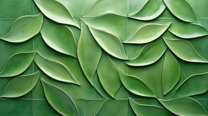 Textured green wall composed of wavy leaf-shaped tiles, creating an abstract design with varying shades of green for a serene background.