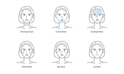 Collection of girl applying face patches. Facial cosmetic patches. Women Skincare. Vector illustration