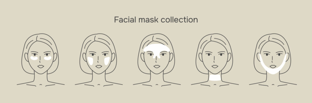 Facial cosmetic patches. Women Skincare. Collection of girl applying face patches. Vector illustration