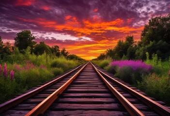 Fototapeta premium majestic abandoned train tracks leading vibrant sunset rich hues dynamic skies, beauty, breathtaking, bright, clouds, coast, colors, creative, dusk