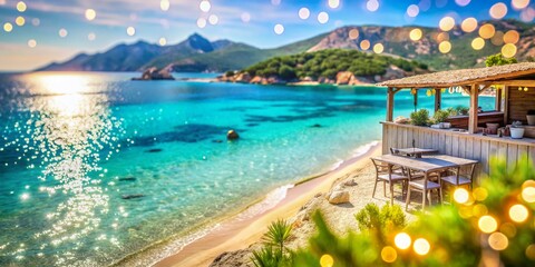Obraz premium Bokeh Effect of Turquoise Mediterranean Sea and Beach Bar at Plage de Tonnara, Corsica - A Relaxing Coastal Retreat Captured in Stunning Detail with Vibrant Colors