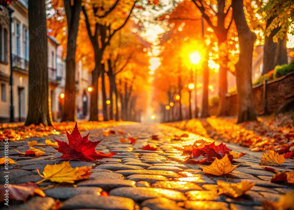 Poster bokeh effect of vibrant autumn leaves on a cobblestone walkway, capturing the essence of fall in a s