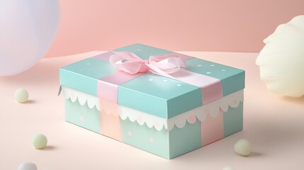 Pastel gift box with decorative ribbon and customizable banner space ideal for celebrations, featuring playful design and soft colors.