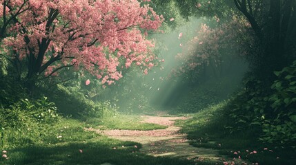 Fototapeta premium Pink blossom trees in a serene forest pathway illuminated by soft sunlight, creating an enchanting and tranquil atmosphere.
