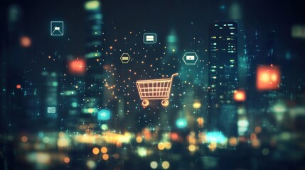 Glowing shopping cart hologram digital sale promotion poster design for holiday shopping season.