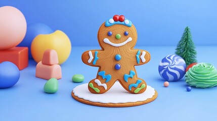 Obraz premium 3D Rendered Gingerbread Man Cookie with Icing on Plain Background
