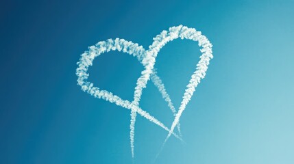 Naklejka premium Heart-Shaped Contrails Forming a Romantic Symbol in a Bright Blue Sky with Soft White Clouds
