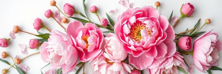 Fototapeta premium Pink peony flower arrangement in a delicate floral pattern against a clean white background, vintage style, pink peonies