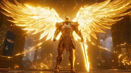 Knight with angel wings in full armor stands with his sword, behind him golden glow and sparks, in style fantasy art and Middle Ages. Epic fantasy graphics for a commercial for a historical game. 