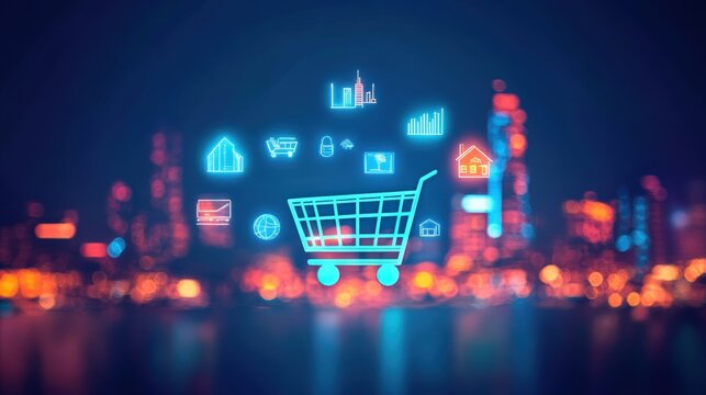 Glowing shopping cart hologram digital sale promotion poster design for holiday shopping season.