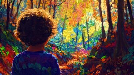 Curly-haired child exploring a colorful forest, filled with vibrant autumn leaves, showcasing curiosity and wonder amidst nature's beauty.