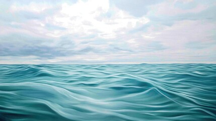 Fototapeta premium Abstract close-up of tranquil sea surface viewed from a swimmer's perspective, featuring gentle waves and a backdrop of an overcast sky.