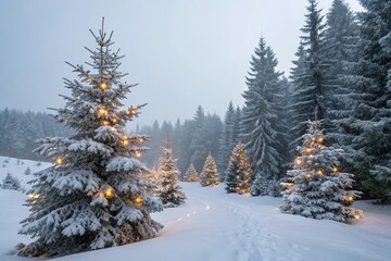Fototapeta premium Snow-covered evergreen trees with frosty branches and twinkling lights in a serene winter wonderland background, winter christmas landscape, icy ambiance, snowy landscape, frosted branches