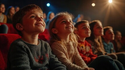 A group of smiling children sitting in a theater, illuminated by stage lights, captivated by a live performance, symbolizing joy, creativity, and entertainment