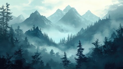 Fototapeta premium Misty mountains rise above a dense fir forest, enveloped in fog and bathed in soft morning light, creating an ethereal and serene landscape.