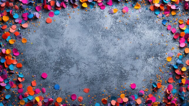 Vibrant confetti border on textured grey stone background, perfect for a carnival-themed banner with space for customizable text.