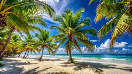 Obraz premium Breathtaking Macro Photography of a Tropical Beach Landscape Featuring Palm Trees, Soft Sand, and Clear Blue Sky to Capture the Essence of Paradise in Every Detail