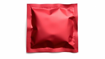 High-quality mockup of a vibrant red condom wrapper with a reflective finish, featuring textured edges and a sleek design on a white surface.